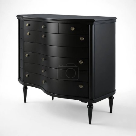 Classic black wooden dresser with curved lines and brass handles isolated on a simple backdrop