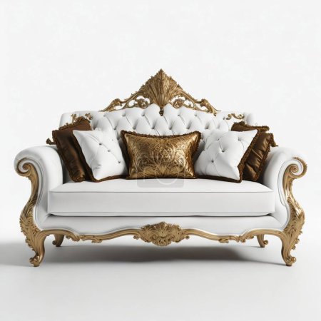 Photo for Elegant white and gold baroque sofa with ornate details and plush cushions - Royalty Free Image