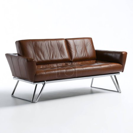 Elegant brown leather couch with metal legs isolated on a white backdrop, minimalistic design
