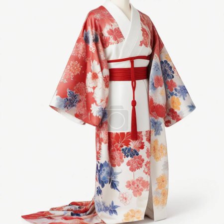 Elegant japanese kimono with floral pattern displayed on a clean, white backdrop