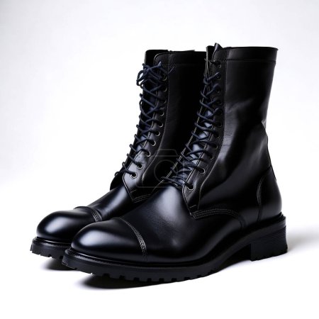 Elégante paire de bottes en cuir noir pour la mode avec un design moderne, isolée sur un fond blanc propre