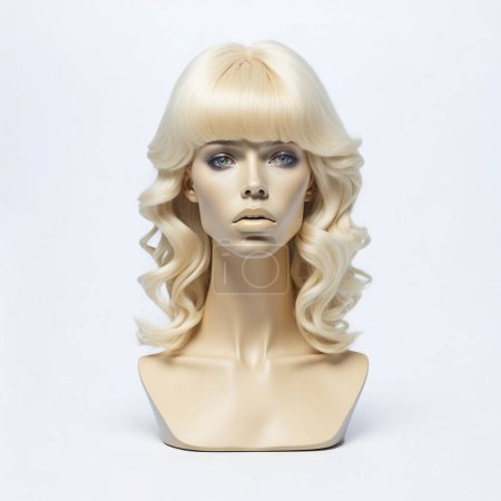 Realistic mannequin head showcasing a stylish blonde wig against a white background