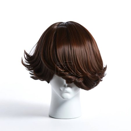 Elegant short brown bob wig showcased on a white mannequin head against a white background
