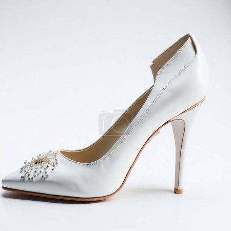 Single white high-heeled bridal shoe with floral details against a white background
