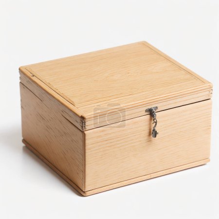 Caja de madera ligera cerrada con cierre metálico, aislada sobre fondo blanco