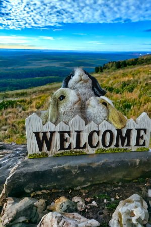 Téléchargez les photos : Un panneau de bienvenue avec deux chiens au sommet sur une colline rocheuse, avec une large prairie en arrière-plan. - en image libre de droit