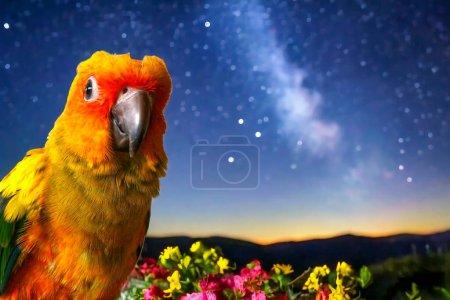 Téléchargez les photos : Un perroquet sur une corniche rocheuse couverte de fleurs, avec une nuit étoilée en arrière-plan. Magnifique Sun Conure contre le ciel étoilé. - en image libre de droit