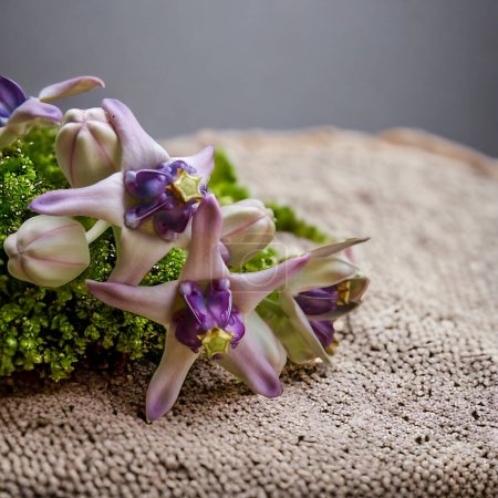 Téléchargez les photos : Bouquet d'orchidées violettes sur fond gris, fleur couronne ou fleur calotropis violet. - en image libre de droit