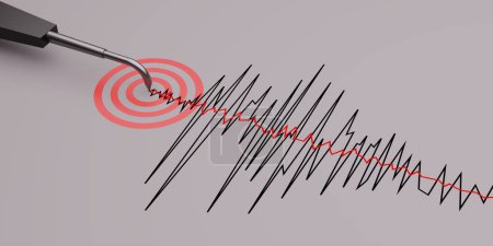 Seismograph mit leerem Papier in Aktion und Erdbeben- und Signalsymbolstandort - 3D-Rendering