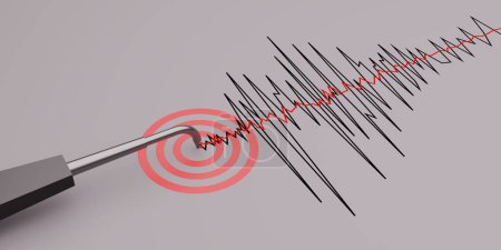 Seismograph mit leerem Papier in Aktion und Erdbeben- und Signalsymbolstandort - 3D-Rendering
