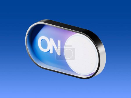 On and off toggle switch button. 3D render icon on color blue background