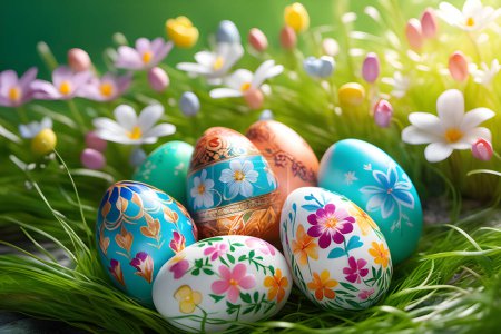 Illustration for Set of Easter eggs decorated with flowers in the grass. Background wallpaper. - Royalty Free Image