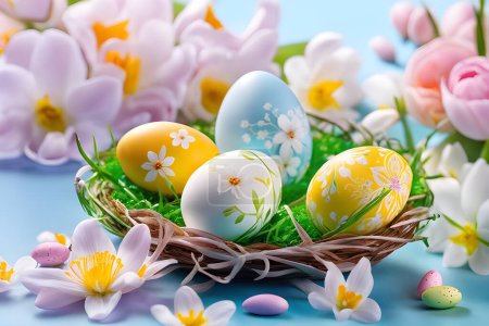 Illustration for Set of Easter eggs decorated with flowers in the grass. Background wallpaper. - Royalty Free Image