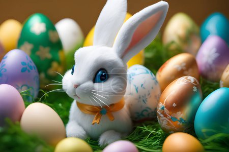Illustration for Set of White easter rabbit. Easter Bunny with Easter Eggs. - Royalty Free Image