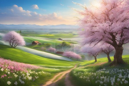 Zestaw Panorama widok wiosny wsi z różowymi drzewami wiśni kwitnie na wzgórzach i słońcu.
