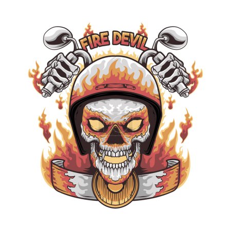 Illustration for Skull in motorcycle helmet and gloves on fire. Vector illustration. - Royalty Free Image