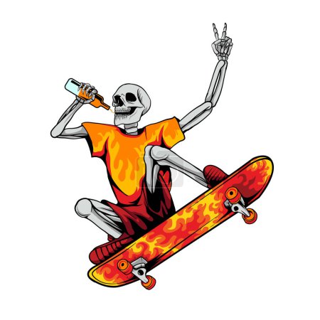 Illustration for Vector illustration of a skateboarding skull floating in the air - Royalty Free Image