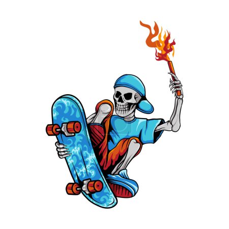 Illustration for Vector illustration of a skateboarding skull floating in the air - Royalty Free Image