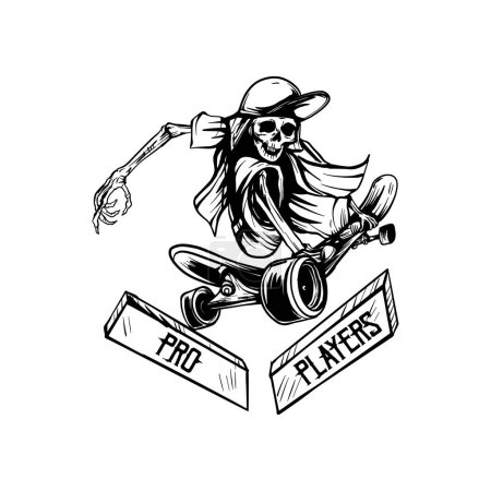 Illustration for Black line vector illustration of a skull playing a skateboard - Royalty Free Image