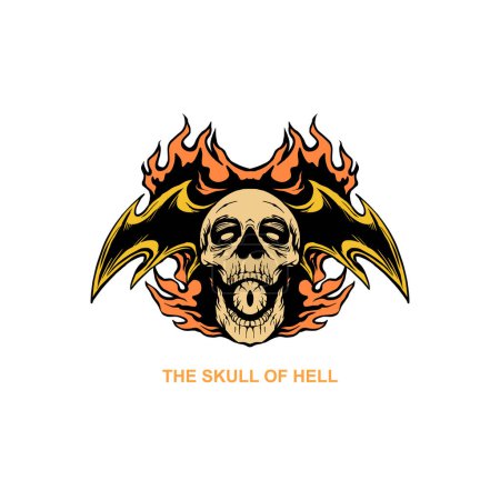 Illustration for Vector illustration of a bat winged skull and a burning fire behind - Royalty Free Image