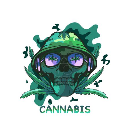 Illustration for Green skull vector illustration and cannabis leaf decoration - Royalty Free Image