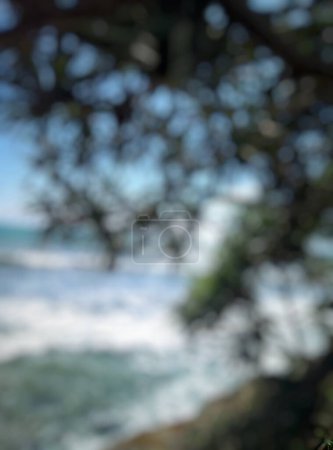 Bokeh. Schöne Strandlandschaft mit kleinen Wellen und sichtbaren Pflanzen oder Ästen voller Blätter