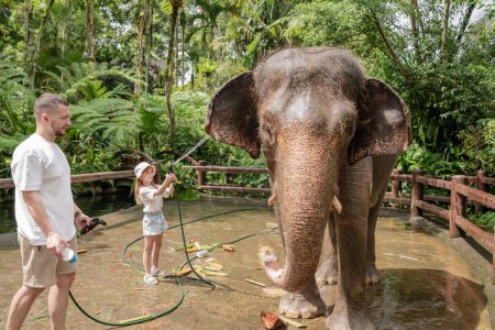 Téléchargez les photos : Jeunes hommes avec leur fille lavant un éléphant dans un sanctuaire à Bali, Indonésie - en image libre de droit