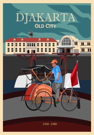 Téléchargez les illustrations : Vector Vintage : Pedicab avec des bâtiments patrimoniaux et pont en arrière-plan à Jakarta. - en licence libre de droit
