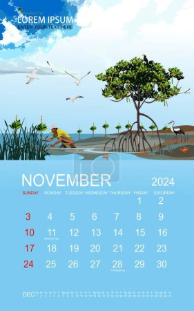 Calendar 2024 with a panorama of mangrove forests and their habitat.