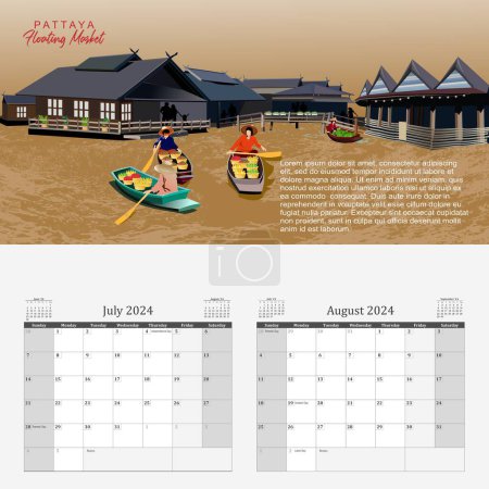 2024 calendar with panorama of floating markets in Southeast Asian cities.