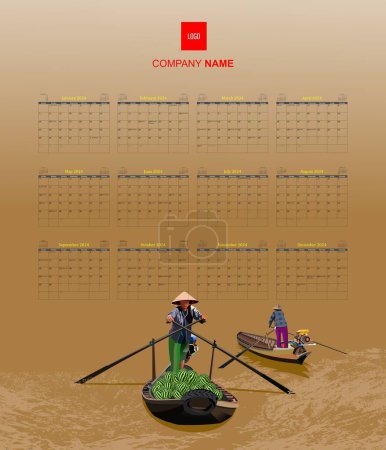 Illustration for 2024 wall calendar with panorama of floating market in Vietnam. - Royalty Free Image