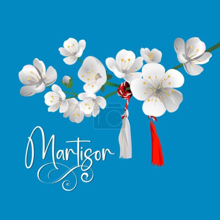 Fondo Matisor con cuerdas blancas y rojas, y flores blancas símbolo de la primavera Rumania y Bulgaria Moldavia.