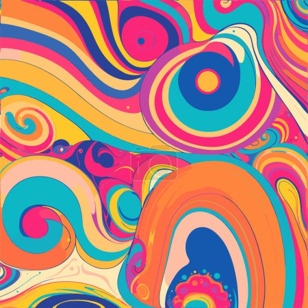 Téléchargez les illustrations : Fond psychédélique abstrait, vagues colorées illustration vectorielle tendance dans le style de hippie, marbre - en licence libre de droit