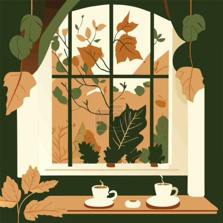 Illustration for A warm cup of coffee in a cozy autumn setting - Royalty Free Image