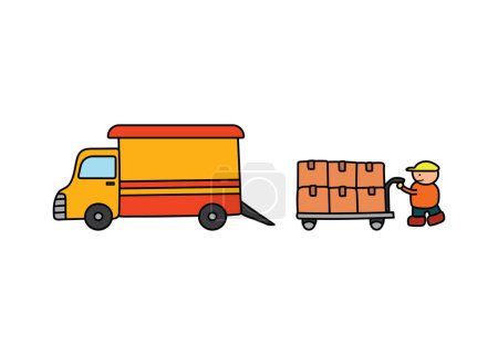 Illustration for Vector illustration of Hand drawn color children pickup truck with delivery courier man by wordspotrayal - Royalty Free Image
