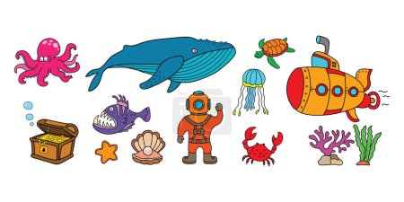 Ilustración de Buceador oceánico profundo con conjunto de cosas marinas y animales marinos y están aislados sobre fondo blanco. La maravillosa vida bajo el agua criaturas de aguas profundas. Lindo, divertido pulpo, ballena, medusas y tortuga marina por la palabra spotrayal - Imagen libre de derechos