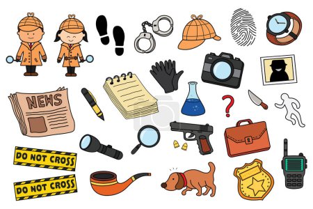 Illustration for Vector illustration icon set of various police detective inspector or private investigator equipment and tools clip art - Royalty Free Image