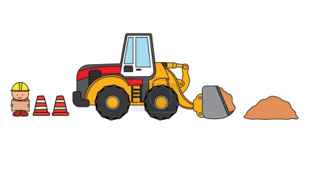 Illustration for Vector illustration color children construction wheel loader with dirt and construction worker - Royalty Free Image