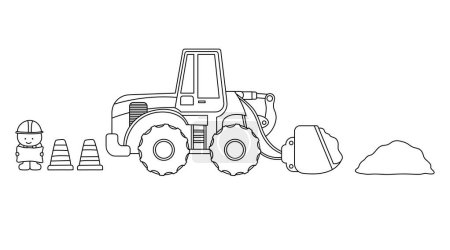 Illustration for Hand drawn Vector illustration color children construction wheel loader with dirt and construction worker - Royalty Free Image