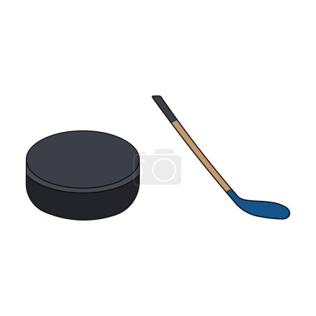 Téléchargez les illustrations : Dessin à la main dessin animé vectoriel illustration bâton de hockey sur glace avec rondelle icône de sport isolé sur fond blanc - en licence libre de droit