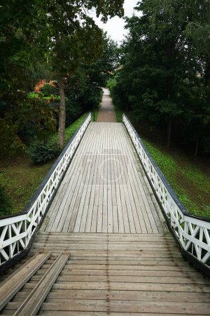 Foto de Puente de madera blanca sobre el fondo de árboles verdes - Imagen libre de derechos