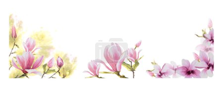 Téléchargez les photos : Kit cadre floral avec aquarelle rose magnolias branches fleurs, bourgeons et feuilles Illustration peinte à la main sur fond blanc isolé avec des taches aquarelle. Conception pour les invitations de mariage et - en image libre de droit