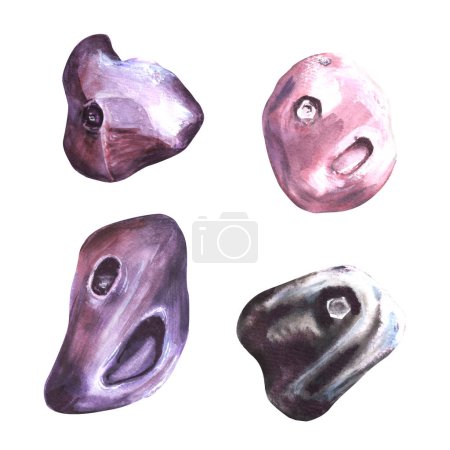 Set of grips different colors and shapes for climbing wall Holds for rock climbing on a wall in the gym. Watercolor illustration isolated on white background For your design of stickers prints logo