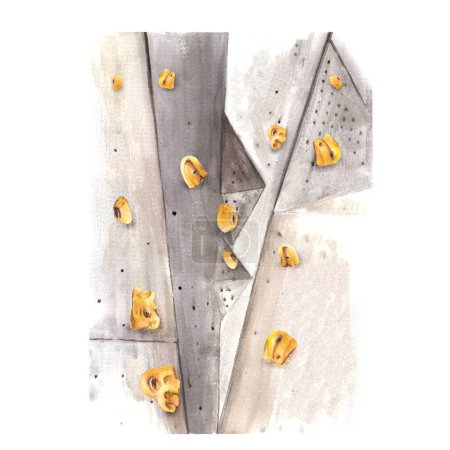Bouldering wall with different shapes yellow climbing stones.Extreme sports equipment Hand paint watercolor isolated illustration. white background For your design postcards, flyers, invitation, print