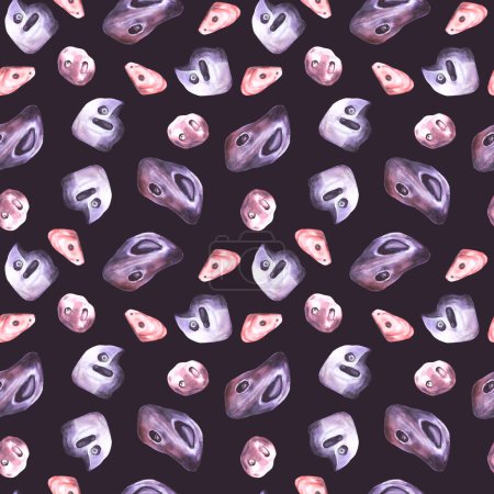 Climbing stones, grips of different shapes and colours. Seamless pattern. Isolated on dark background Hand drawn illustration Bouldering equipments Sport design for wrapping, wallpaper printing