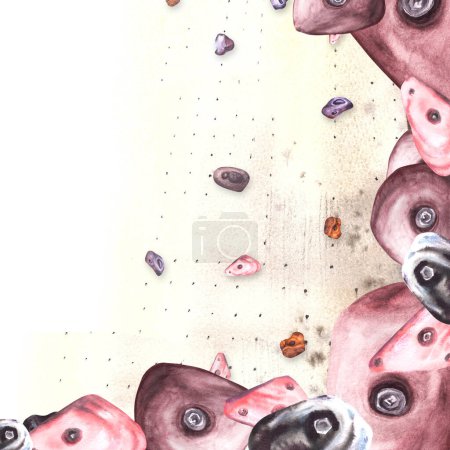 Climbing stones different shapes and colors frame with bouldering wall background Watercolor illustration isolated. Sport bouldering design for print of cards, banners, invitation with space for text