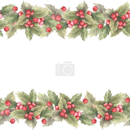 Photo for Watercolor painted seamless border, frame of red holly leaves and berries. Traditional plant illustration for Christmas, New Year deco card, invitation, package, banner. Isolated on white background - Royalty Free Image
