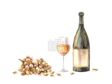 Una botella y una copa de vino blanco con racimo de uvas y bayas de uva. Acuarela mano dibujar ilustración de alimentos sobre fondo blanco. Conjunto de elaboración de vino para el diseño de folletos, menú de bebidas, lista de vinos, etiqueta