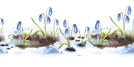 Watercolor painting primary flowers illustration Arrival of spring seamless pattern, border Melting snow landscape blue squills, scylla snowdrops Flowers sprouting through the snow Isolated background