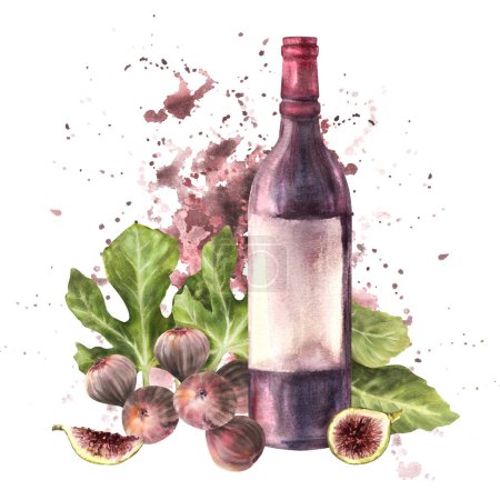 Branch of juicy, ripe purple figs with leaves, whole and cut fruit with bottle of red wine on watercolor stains splashes background. Clipart for card, label, price tag Hand drawn illustration Isolated